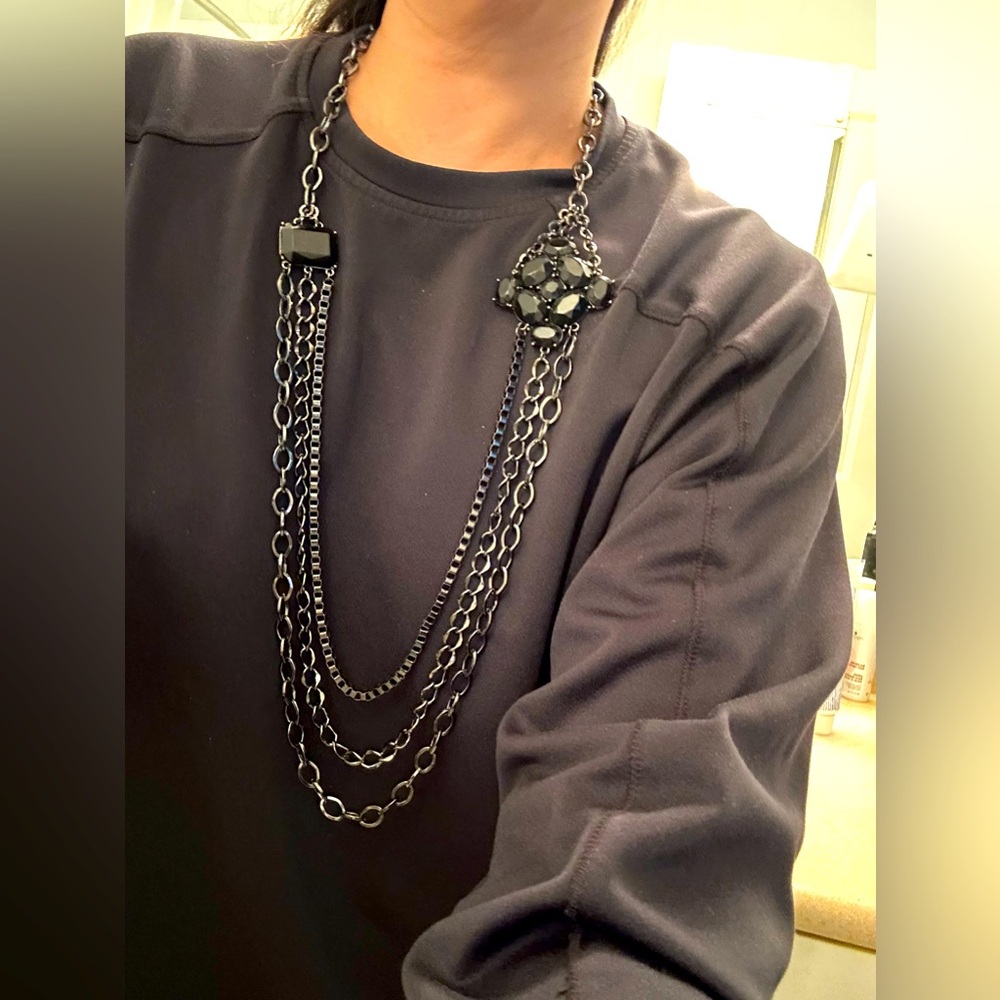 Black Chunky Long Punk Style Chain Necklace With Huge Rhinestones